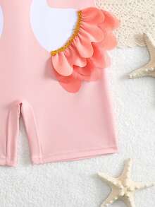 SHEIN 1件装女童天鹅图案弹力速干舒适针织连体泳衣，适合海滩、泳池、冲浪、度假、夏季旅行 - 粉色 - 查看 4