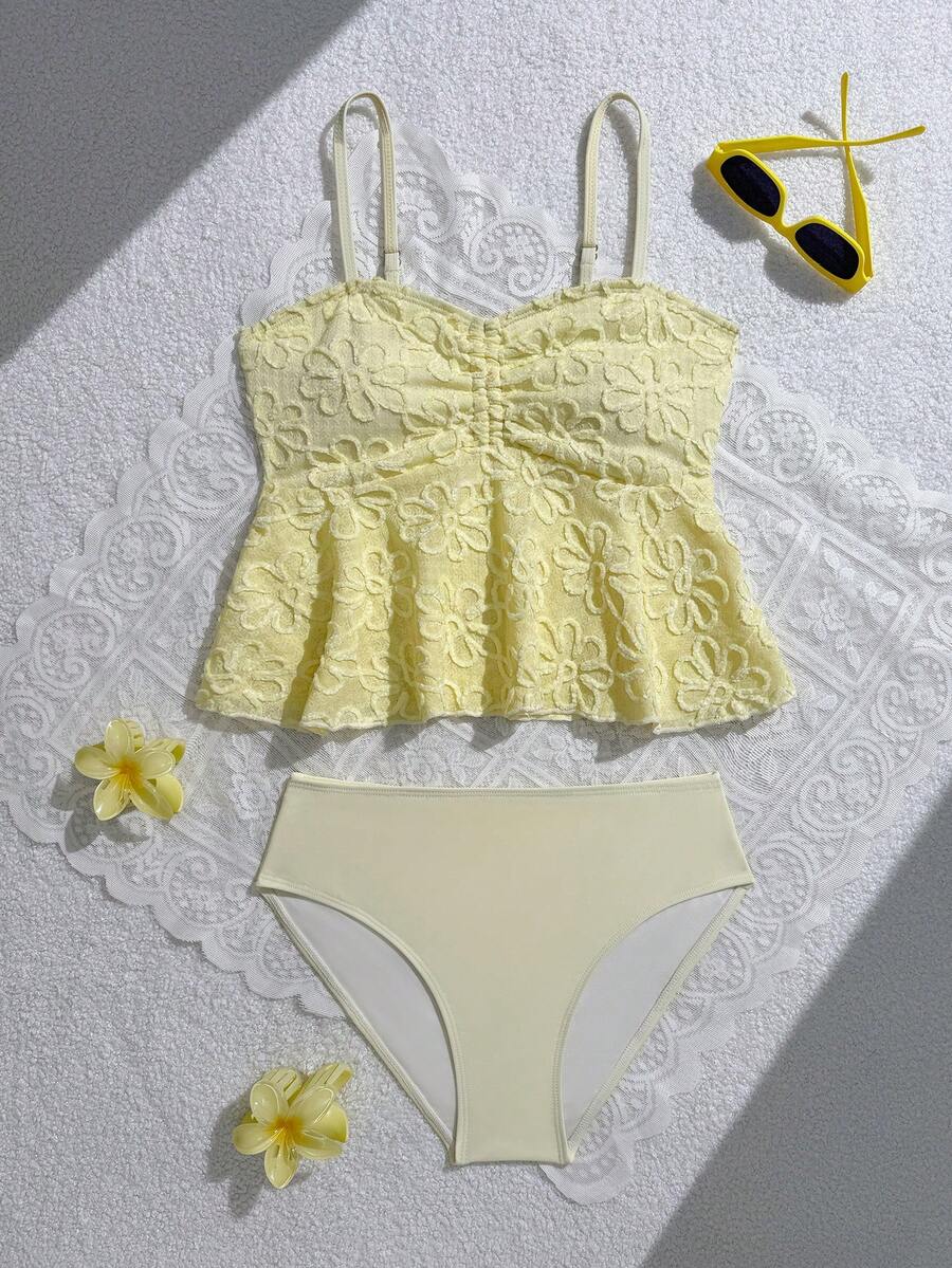 SHEIN Bộ 2 món bikini dệt kim họa tiết hoa hướng dương màu trơn dành cho thiếu nữ, đồ bơi màu vàng, đồ bơi màu vàng chanh, đồ bơi màu vàng chanh cho thiếu nữ, đồ bơi cho bé gái, đồ bơi màu vàng chanh cho bé gái, đồ bơi màu vàng cho bé gái, đồ bơi màu vàng cho thiếu nữ, đồ bơi màu vàng cho bé gái, bộ đồ bơi màu vàng, đồ bơi viền bèo nhún, quần áo bơi mùa hè cho bé gái. - Màu vàng - Xem 1