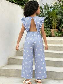 SHEIN Sparklyn Bộ áo liền quần mùa hè cho bé gái, màu xanh trắng kẻ caro, xếp ly, khoét lưng, có thắt lưng, thích hợp cho kỳ nghỉ biển, kiểu dáng cơ bản, đa năng, dự tiệc, đi học, mùa xuân/hè. - Màu xanh lam - Xem 2