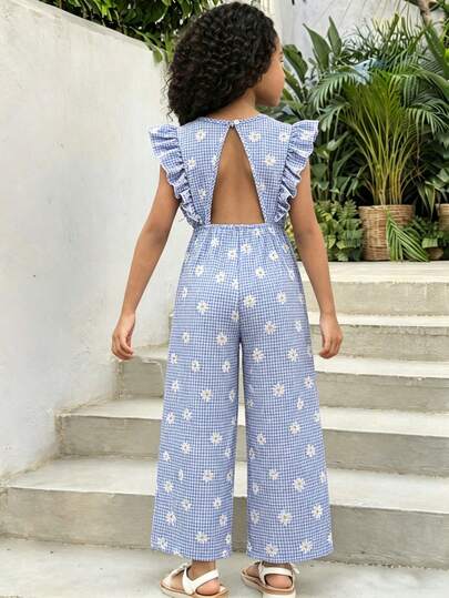 SHEIN Sparklyn Bộ áo liền quần mùa hè cho bé gái, màu xanh trắng kẻ caro, xếp ly, khoét lưng, có thắt lưng, thích hợp cho kỳ nghỉ biển, kiểu dáng cơ bản, đa năng, dự tiệc, đi học, mùa xuân/hè.