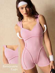 VARSIVA Women's Solid Color Backless Design Casual Daily Sports Romper - Pink - View 10