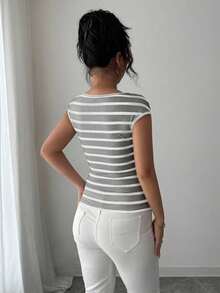 SHEIN Raffinéa French Minimalist Fitted Striped Knit Short Sleeve T-Shirt, Unique Design, Versatile, Spring/Summer New Arrival - Grey - View 2