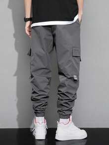 Claim Dot 宽松男士字母印花翻盖口袋抽绳腰工装裤 - 深灰色 - 查看 2