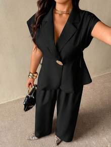 Auralis Plus Size Solid Color Lapel Neck Summer Minimalist Design Versatile Suit Set - Black - View 5