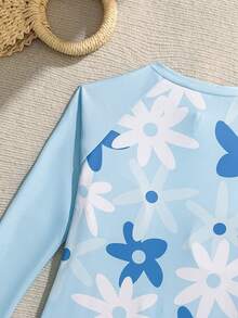 SHEIN New Fashion Tween Girls Colorful Printed One-Piece Swimsuit - Baby Blue - View 5