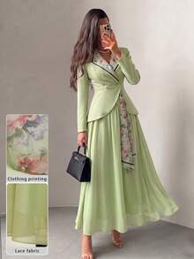 Modelyn Bộ 2 món nữ dự tiệc cưới mùa hè màu xanh lá xám, áo blazer ôm cổ bẻ in họa tiết & chân váy xòe voan hoa sang trọng - màu xanh lá - Xem 2