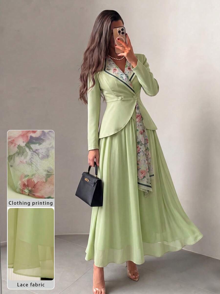 Modelyn Bộ 2 món nữ dự tiệc cưới mùa hè màu xanh lá xám, áo blazer ôm cổ bẻ in họa tiết & chân váy xòe voan hoa sang trọng