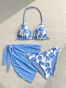 SHEIN Teen Girl Shell Print Halter Bikini And Triangle Panty Swimwear Set With Mini Skirt, Suitable For Summer Beach Vacation - Baby Blue - View 4