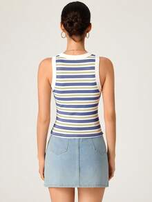 SHEIN BASICS 女款條紋圓領休閒百搭背心，夏季 - 彩色 - 查看 7