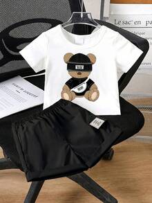 SHEIN Playful Pals 2件組 嬰幼兒中性 0-3歲 熊圖案圓領短袖上衣 & 鬆緊腰短褲套裝 黑白配色 夏季休閒可愛海灘服飾 - 黑色 - 查看 7