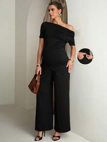 MaterniChic Maternity Solid Color Asymmetric Neck Fitted Asymmetrical Hem 2 Pieces Set - Black - View 8