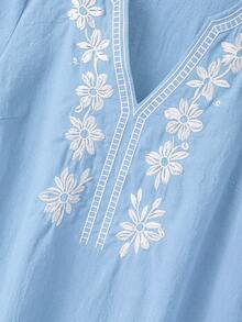 Linhara Plus Size Women Casual Minimalist Countryside Style Small V-Neck Cotton Embroidered Ruffle Cuff Loose Blouse - Baby Blue - View 4