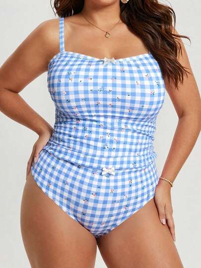 Swim Mod 2026 New Plus Size Spaghetti Strap Plaid Print Trim Bust Ruched Waist Side Pleated Curved Hem Top Paired With High Waist Triangle Bottoms Trim Waist Decor Casual Daily Slimming Beach Holiday Women Tankini Swimwear Set