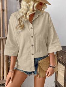 Breezaya Kemeja Kasual Wanita Lengan 3/4 Kancing Tunggal Warna Polos - Khaki - View 5
