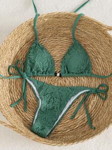 Nuevo conjunto de bikini de 2 piezas de lujo y elegante Swim Vcay, con encaje de ganchillo blanco y triángulo caramelo/marrón. Parte superior de natación con cuello de halter y acentos de cuentas de madera, tanga sexy de corte alto para traje de baño/ropa de playa de verano, estilo retro Y2K picante de chica sexy para vacaciones en la playa, piscina, festivales de música, salidas a la tropical y vibraciones modernas. - Verde - Ver 7