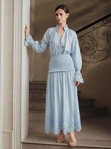 Anewsta Falda elegante de mujer con volantes, encaje calado y corte ajustado, diseño de nueva temporada para vacaciones y uso casual - Azul - Ver 4