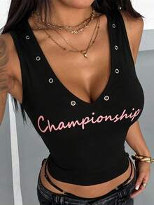StreetHx Women's Fashion Black Pink Knit Printed V-Neck Eyelet Decorated Vest Night Out Summer - Black - View 4