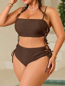 Swim Mod Plus Size Women's Solid Color Lace-Up Two Pieces Swimwear Set - Mocha Brown - View 4