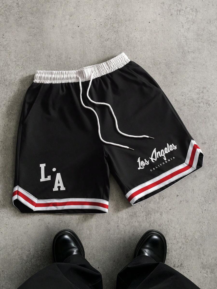PAVTROS Men's Letter Print Drawstring Waist Casual Versatile Daily Wear Shorts Football - Black - View 1