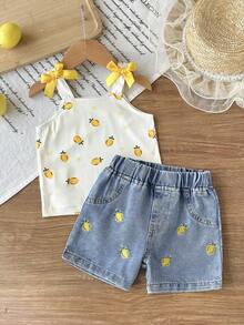 SHEIN Bộ áo yếm và quần short in hình quả anh đào cho bé gái, họa tiết thêu thời trang. - Màu vàng - Xem 1