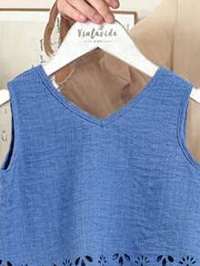 Young Girl Top Set,V-Neck Burn-Out Pattern Bowknot Sleeveless Top&Wide-Leg Pants Summer,Matching,Family Vacation,Holiday Outfits - Blue - View 9