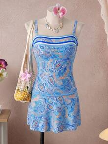 SHEIN Swim 2026新款女士两件式泳衣套装，腰部系带印花，适合海滩、泳池派对、休闲度假、春夏穿着 - 淺藍色 - 查看 3