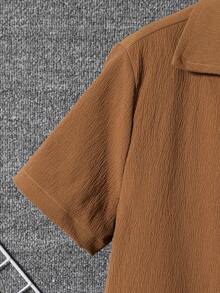 SHEIN Tween Boy's 2-Piece Summer Outfit Set, Brown Textured Linen-Look Short Sleeve Button Down Shirt And Casual Shorts, Kids Vacation Holiday 8-12 Years - Mocha Brown - View 6