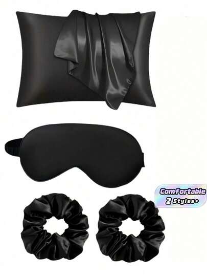 4 Piece Satin Sleep Set, Ultra Soft Pillowcase & Eye Mask Including 1 Satin Pillowcase, 1 Eye Mask & 2 Hair Scrunchies, Pillowcase Size 77x51cm, Perfect For School, Travel & Daily Use