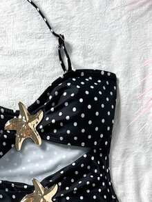 SHEIN Kids Teen Girl Polka Dot Metal Starfish Decor One-Piece Swimsuit,Suitable For Beach Vacation Holiday,Pool Party Black Summer Rave Cute - Black - View 4