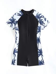 SHEIN Traje de baño de una pieza con cremallera frontal y estampado de palmeras, adecuado para nadar, playa de verano para niñas preadolescentes - Negro - Ver 5