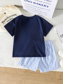 Souflis Souflis 2pcs/Set Toddler Boys' Casual Comfortable Graphic Print Round Neck Raglan Top And Striped Shorts, Suitable For Spring/Summer Outdoor Play Daily Wear - Blue - View 2