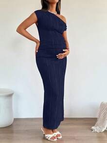 SHEIN Maternity Solid Color Asymmetrical Shoulder Fitted Summer Dress - Navy Blue - View 7