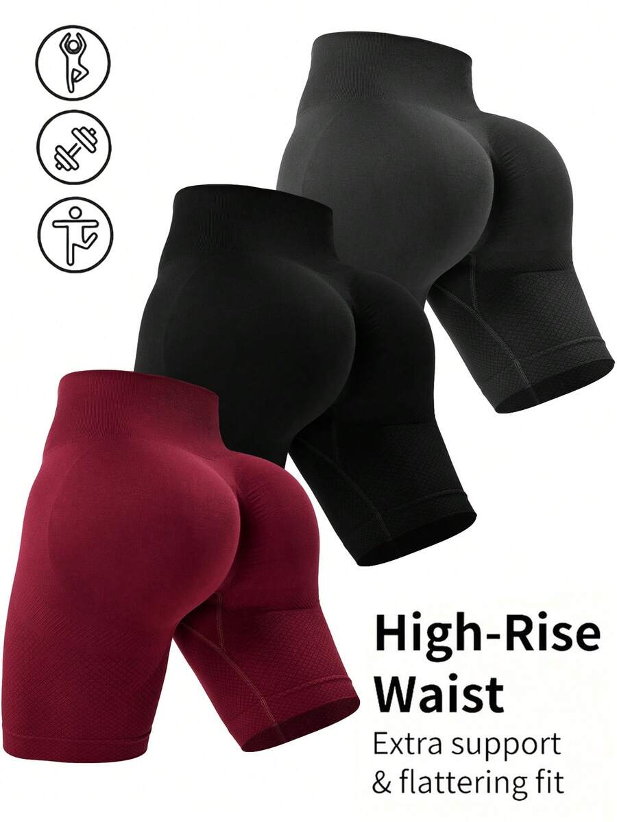 SHEIN Velisys 3pcs/Pack Celana Pendek Olahraga Wanita Ukuran Besar Tanpa Jahitan, Aneka Warna - MultiWarna - View 1