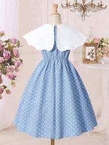 SHEIN 藍色蝴蝶夏季傳統婚禮少女花卉洋裝，甜美荷葉邊領高腰蓬鬆修身公主風無袖洋裝 - 藍色 - 查看 3