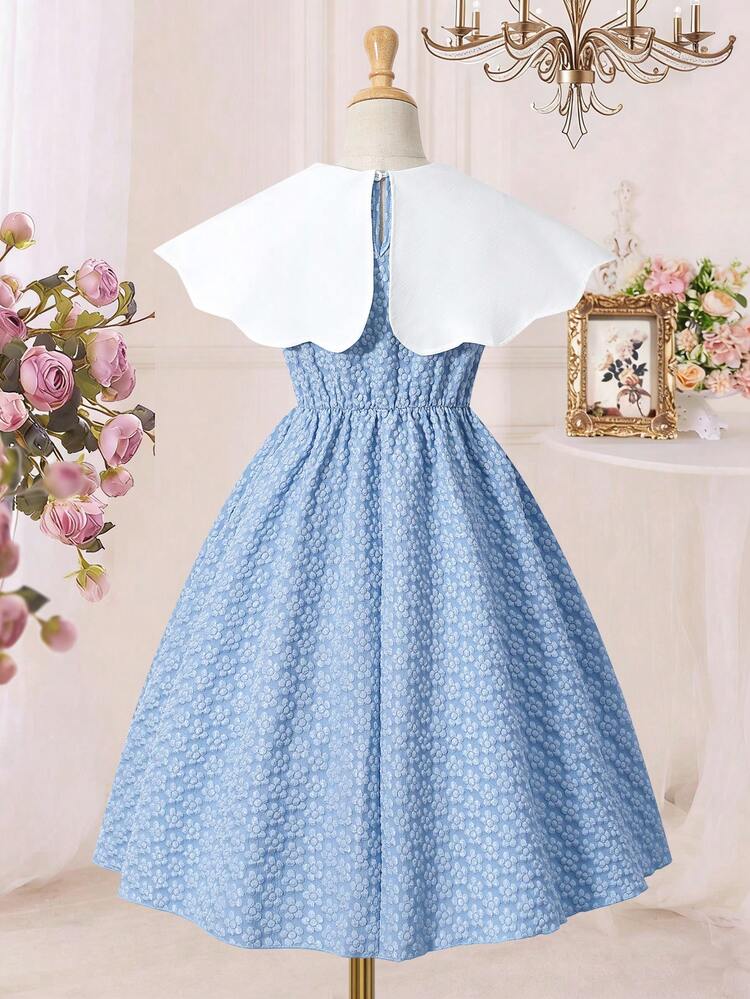 SHEIN Đầm hoa dáng suông, dài ngang gối, cạp cao, ôm sát, kiểu công chúa, ngọt ngào và thời trang dành cho bé gái, với cổ áo xếp ly xinh xắn và chân váy xòe bồng bềnh ở cạp cao; đầm không tay thời trang và đa năng dành cho bé gái. - Màu xanh lam - Xem 2