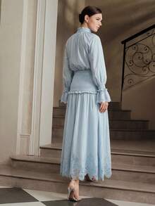 Anewsta Falda elegante de mujer con volantes, encaje calado y corte ajustado, diseño de nueva temporada para vacaciones y uso casual - Azul - Ver 2