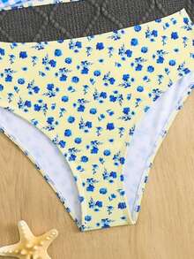 SHEIN 2件套少女格子碎花弹力速干舒适针织面料连体泳衣，适合海滩、泳池、冲浪、度假、夏季旅行 - 彩色 - 查看 6
