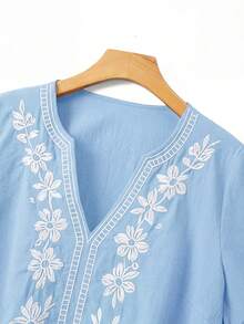 Linhara Plus Size Women Casual Minimalist Countryside Style Small V-Neck Cotton Embroidered Ruffle Cuff Loose Blouse - Baby Blue - View 3