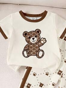 Playful Pals Bộ đồ cho bé trai gồm áo thun cổ tròn tay ngắn phối họa tiết kẻ caro và quần ống rộng phối màu tương phản, thích hợp mặc ở nhà, dã ngoại, thể thao và đi học. - Nhiều màu - Xem 6