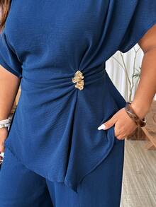 Weeklong Plus Size Women's Asymmetrical Shoulder Ruched TopPocketed Pants, 2-Piece Set, Navy Blue, Summer, Tropical, Vacation, Holiday, Elegant - Navy Blue - View 9