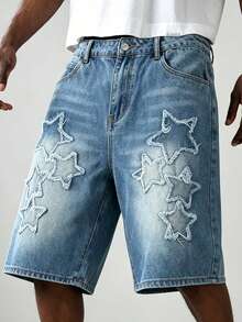 Manfinity EMRG Quần short denim rách gấu thêu hình ngôi sao phong cách đường phố châu Âu và Mỹ, unisex. - Màu xanh lam - Xem 6