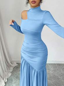 Modelyn Women's Elegant Coffee Color Hollow Shoulder Design Turtleneck Dress, Autumn/Winter - Blue - View 2