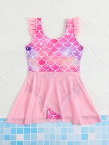 SHEIN Girls' One-Piece Swimsuit With Skirt Fish Scale Mermaid Print Mesh Ruffle Hem Quick-Dry Swimwear For Kids,Summer,Beach,Holiday Princess Swim Dress - Multicolor - View 6