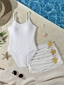 SHEIN 女童纯色时尚沙滩泳衣，饰有海星图案，度假连体泳衣 - 白色 - 查看 2