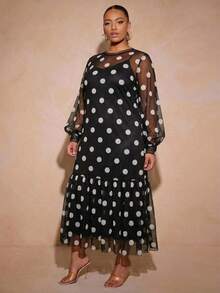 Vixey Polka Dot Tulle Ruffle Hem Sheer Mesh Balloon Sleeve Tunic Top, Cami Dress Under Not Included Fall - Black and White - View 4