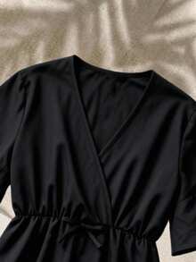Tween Girl Black V-Neck A-Line Waist-Cinching Cover Up - Black - View 5