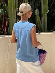 Livesso Áo sơ mi denim không tay cổ tròn ôm sát có túi dành cho nữ - Màu xanh lam - Xem 2