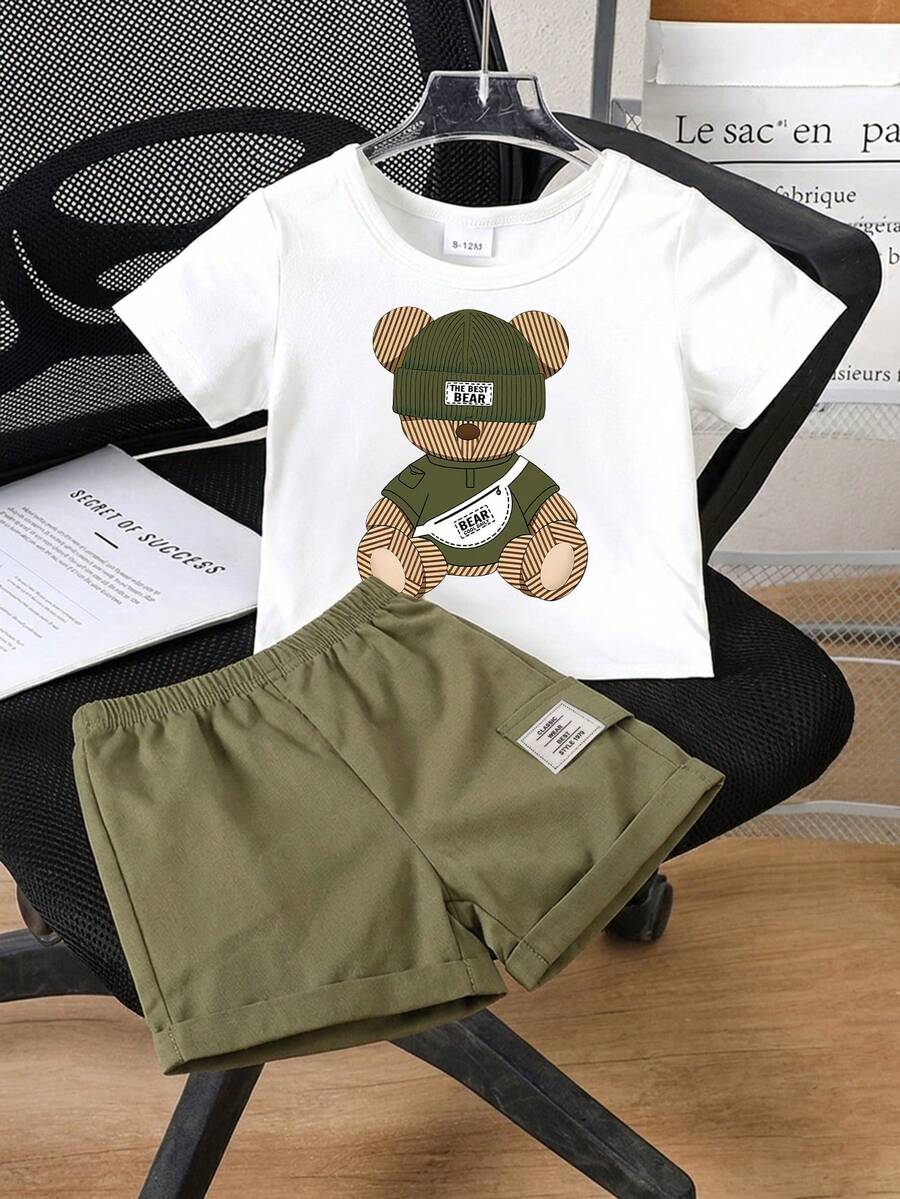 SHEIN Playful Pals 2件/套 嬰幼兒中性 0-3歲 熊圖案短袖上衣 & 鬆緊腰短褲套裝 橄欖綠 夏季休閒可愛海灘嬰兒服