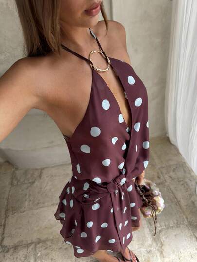 Aloruh Women's Polka Dot Print Halter Mini Dress, Vacation Style Summer Summer Outfits Summer Clothes Beach Outfits For Woman  Beach Vacation Vacation Outfits Woman Boho  Tropical Vacation Woman Clothe Y2k Clothes 2000s Style Y2K Top Y2K Tops Purple Polka Dot Mini Dress With Asymmetrical Collar And Waist Ribbon, Slimming And Perfect For A Beach Vacation.