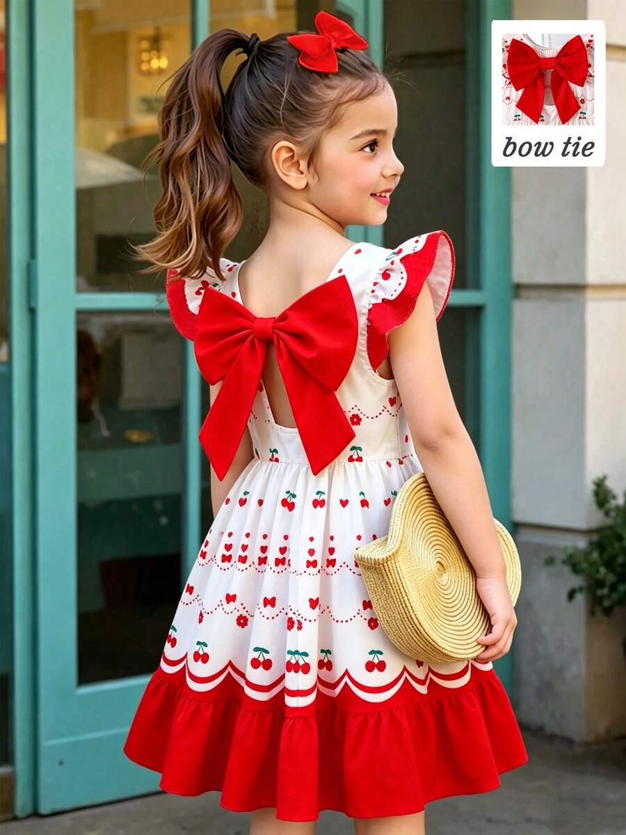 SHEIN Elladie kids 女童樱桃印花露背连衣裙,饰有蝴蝶结,复古甜美A字廓形夏季连衣裙,采用亮丽的樱桃和爱心印花,荷叶边袖口,扇形下摆,背部饰有大红色蝴蝶结。面料柔软,适合生日派对、下午茶、户外拍照和日常穿着。 - 紅色 - 查看 1
